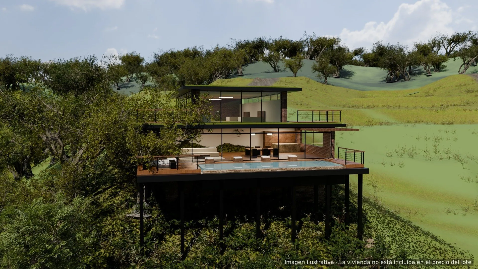 Vista desde la ladera: la casa y su piscina de borde infinito sobre el bosque