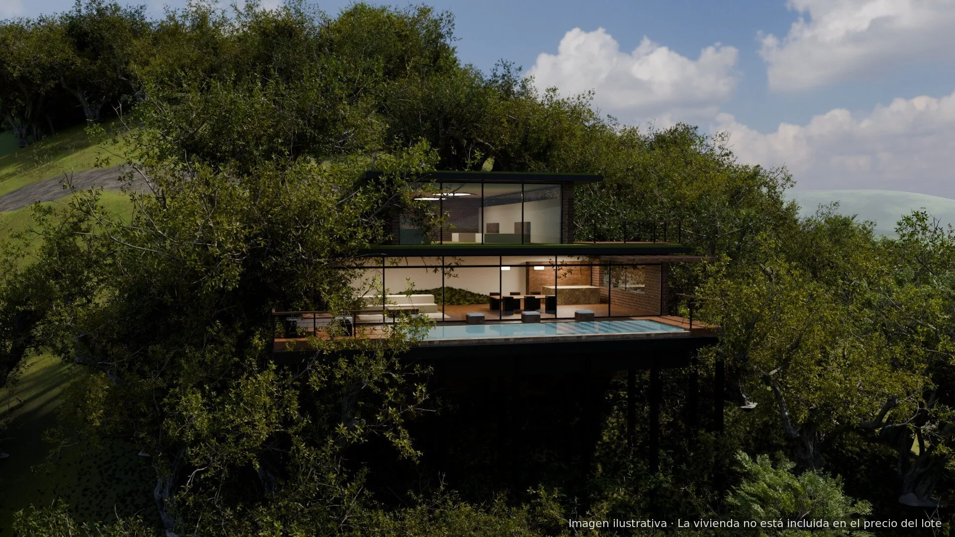 Vista desde la ladera: la casa y su piscina de borde infinito sobre el bosque
