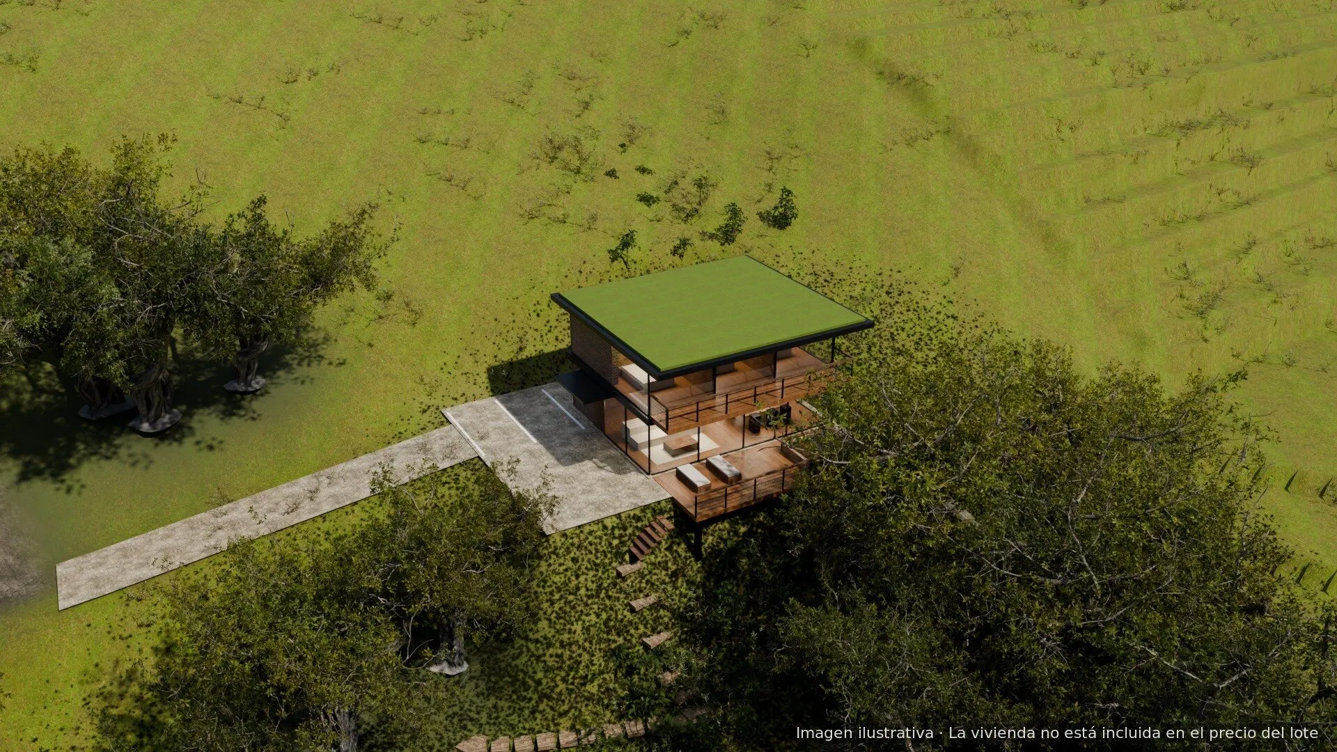 Vista aérea: acceso junto al lindero, explanación y casa