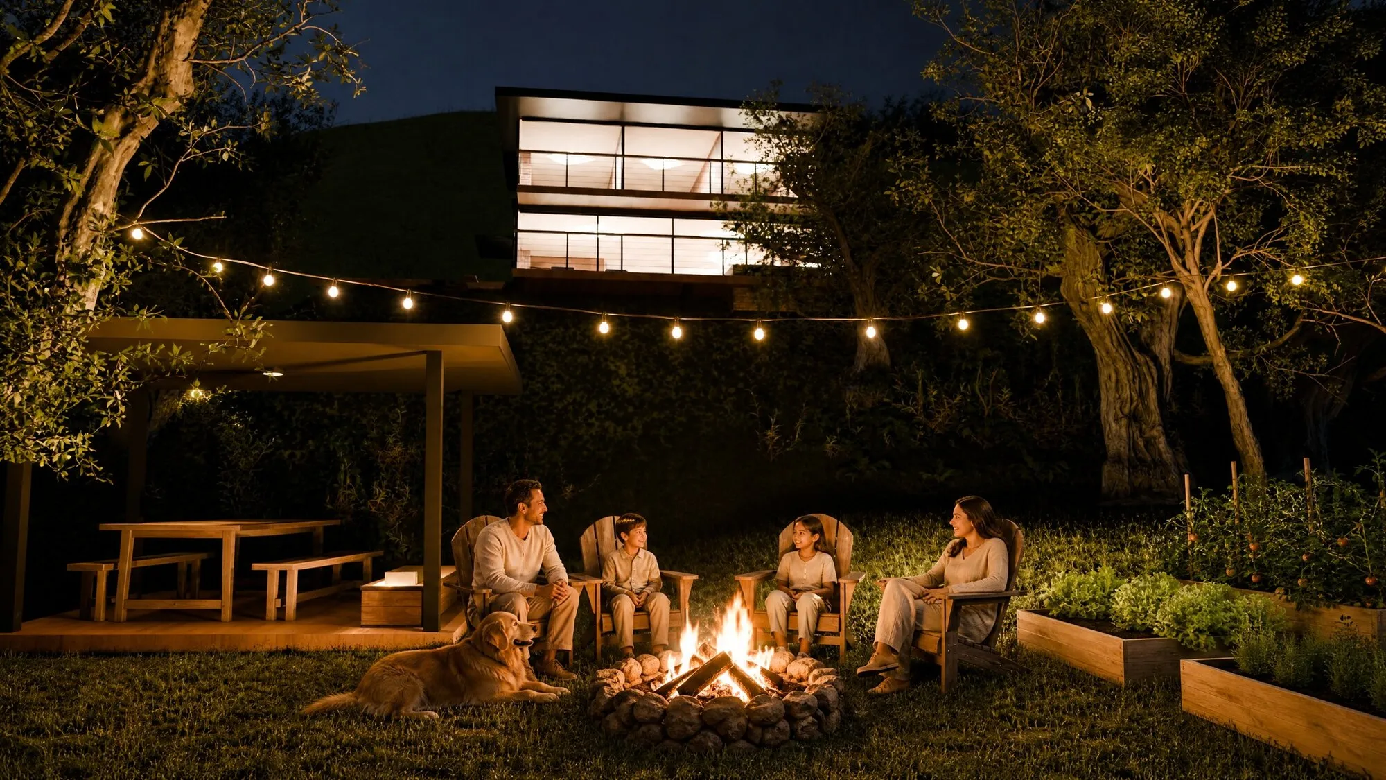 De noche: fogata, luces entre los árboles y la casa encendida al fondo